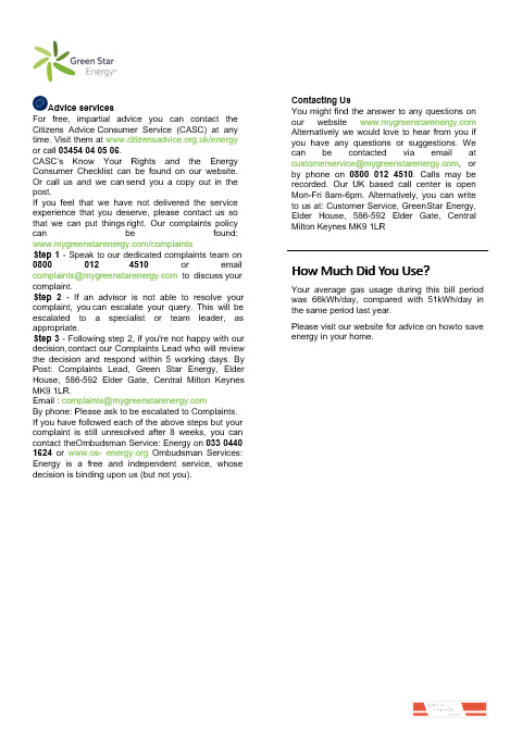 UK Green Star Energy energy utility bill Word and PDF, formats 3,